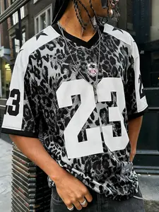 Men's Leopard Print V-Neck Jersey, Number 23 Streetwear Football Jersey, Casual Oversized Tee For Hip Hop & Street Style