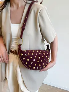 Retro Rivet Decoration Niche Design Shoulder Bag, Hollow Metal Eyelet Motorcycle Style Rock High-Value Crossbody Bag Fashionable And Personality Underarm Bag, Punk Style Meta Handbag, Suitable For Music Festival Concerts, Embellished Shoulder Bag