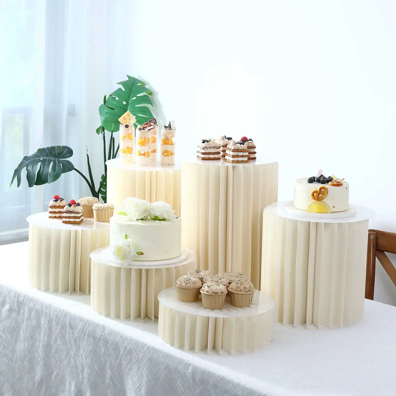Set of 6 Ivory Dessert Display Risers, Foldable Cardboard Cylinder Pedestal Stands with Clear PVC Top Plates, Multi-Height Buffet Display, 4"–16"