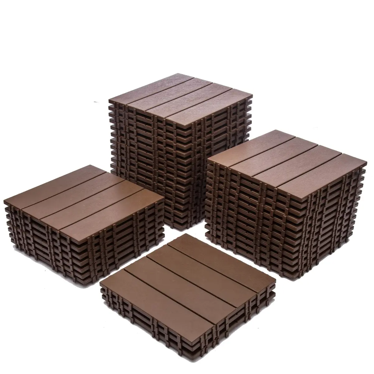 68 Pcs WPC Parquet Flooring Interlocking Tiles, 11.42"x11.42", 61.60 Sq.Ft, Waterproof All-Weather Non-Porous Exterior-Grade Floating Click-Parquet for Balcony, Backyard, Brown