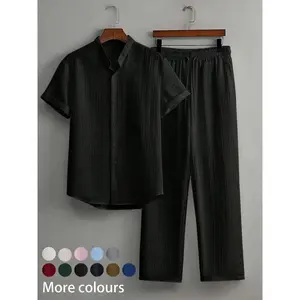 Two-Piece Set Men's Solid Striped Button Shirt & Pants Set, Regular Fit Casual Short Sleeve Collared Top & Trousers, Men's Summer Outfits