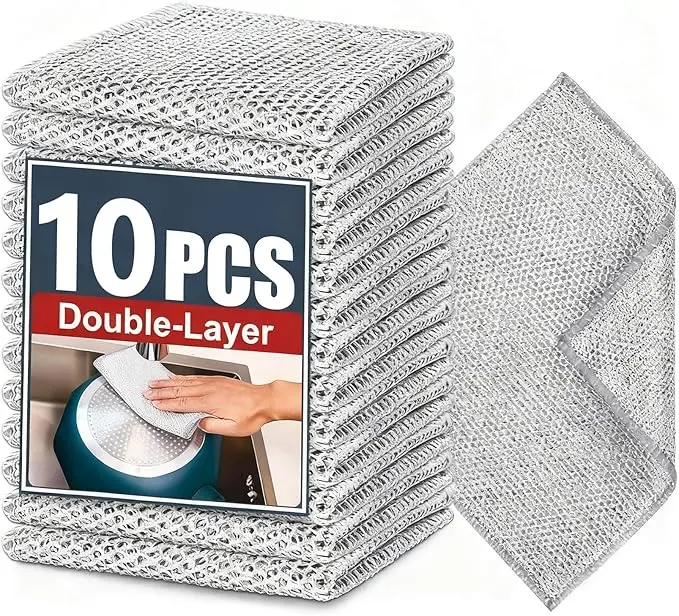 10 Pack Double-Layer Non-Scratch Wire Dish Cloths, Multi-Use Non-Scratch Wire Cleaning Cloths, Scratch-Resistant Steel Wool Dishcloth Set, Heavy Duty Silver Mesh Scouring Pads for Kitchen Dishes Pots Stove Sink, 7.87×7.87 Inch Metal Scrubber