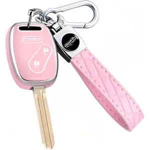 Key Fob Cover for Honda with Leather Keychain, Premium TPU Key Case Compatible with Honda 2003-2015 Accord Fit Civic EX CR-V Pilot Ridgeline Element Remote Smart Car Key Protector（3 Buttons Pink）