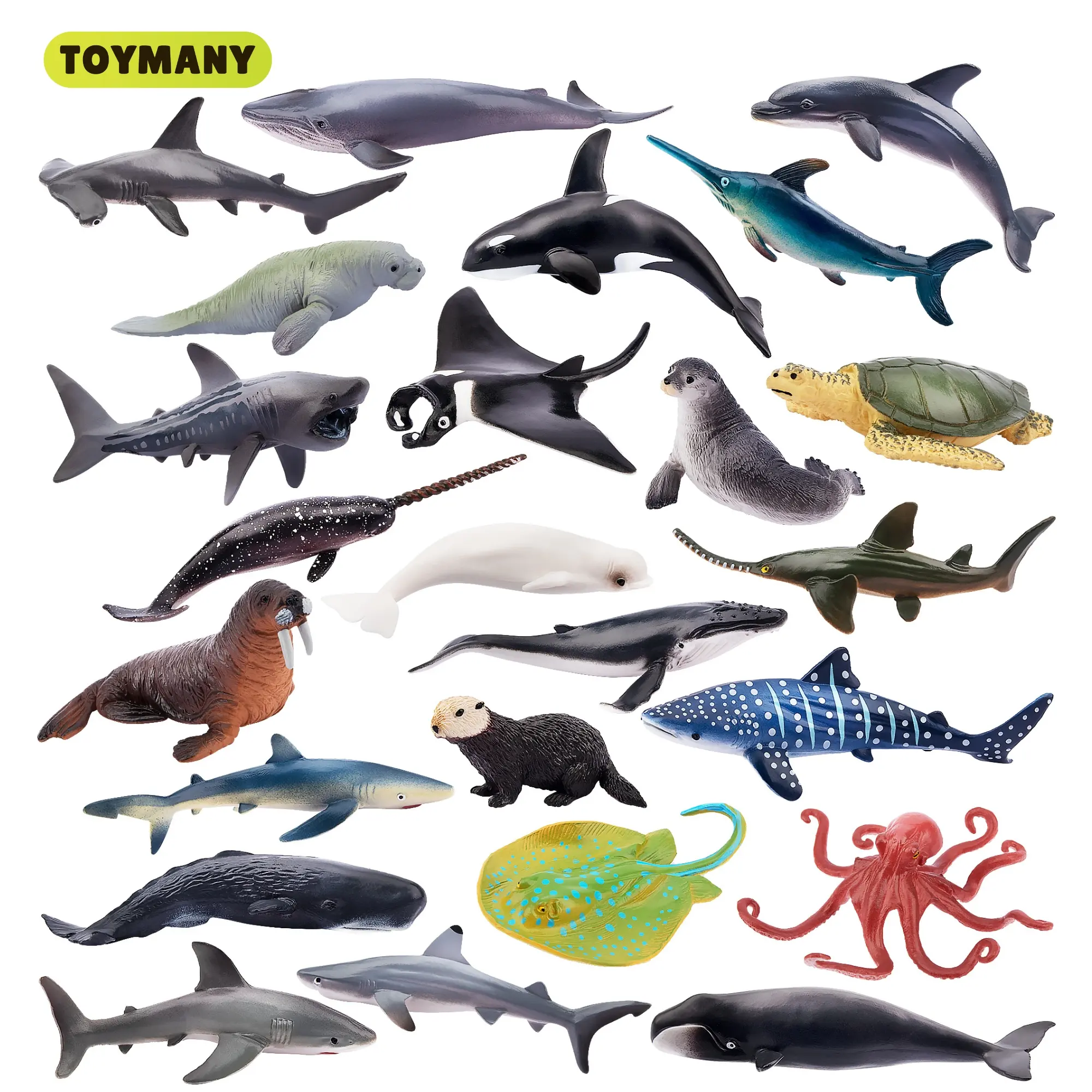 TOYMANY 24pcs PVC Plastic Mini Ocean Figurine Toys - Boxed Cake Decorating Kit with Sharks, Whales, Octopus, Collectible Figures for 3+ Kids' Birthday Party Gifts