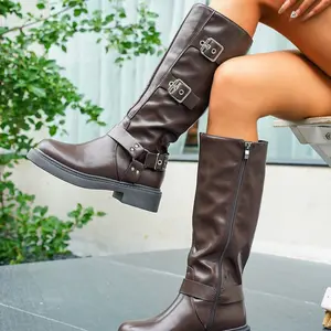 Women's Fashion Boots with Sweater, Casual Side Zipper Buckle Motorcycle Boots, Knee-High Biker Boots for Women