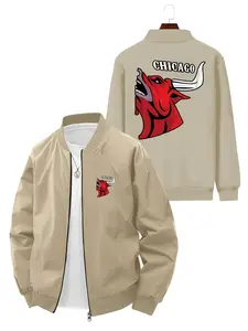Trendy Fashion Men's Chicago Bulls Printed Bomber Jacket for Daily Casual Street Style and Outdoor Activities