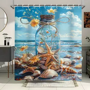 Ocean Drift Bottle Shower Curtain, Coastal Seashell Print Extra Large Waterproof Thickened Mildew-Proof Bathroom Partition Curtain for Dry-Wet Separation, Durable Polyester Fabric Included & 12 Hooks for Easy Hanging, Bathroom Decoration Home Decor