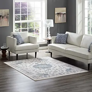 Modway Lilja Distressed Vintage Medallion 5x8 Area Rug in Ivory and Moroccan Blue