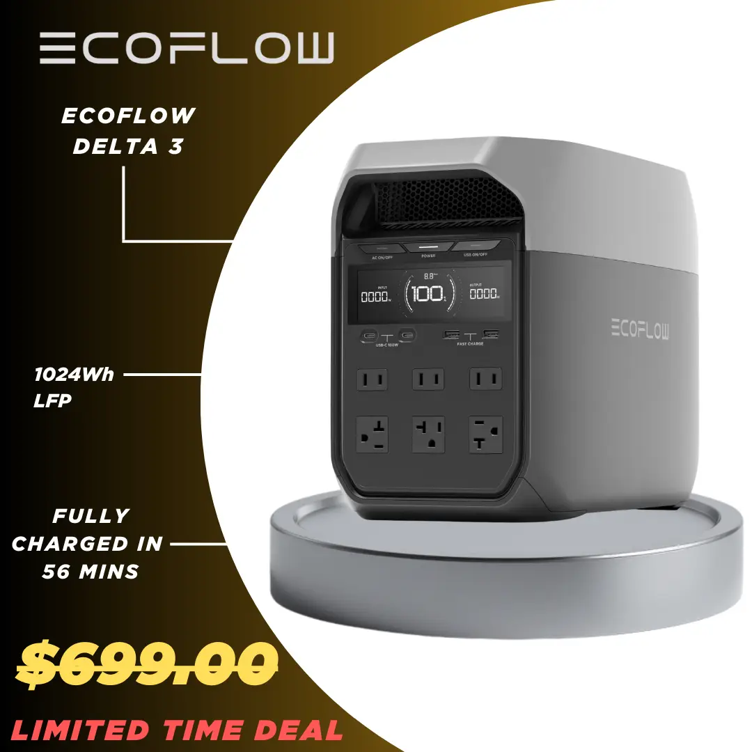 ECOFLOW DELTA 3 Portable Power Station, Full Charge in 56 Min, 1024Wh LiFePO4 Battery, 1800W AC/100W USB-C Output, Solar Generator #Outdoorfun