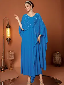 Women's Pure Blue Casual Loose Chiffon Dress, Modesty Abaya, Pearl Embellished Design, Comfortable Fit, Perfect for Daily Wear