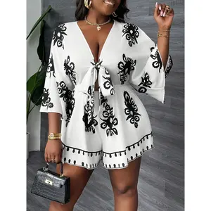 Plus Size - Women'S Plus Size Tropical Print Jumpsuit - Loose Fit, Short Sleeve, V-Neck, High-Waisted, White with Black Floral Design, Perfect for Summer Vacation, Casual Attire, Vacation Attire |   Tropical Print Jumpsuit |   Comfortable Fit
