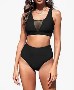 ZAFUL Women's High Waisted Tankini Set V Neck Mesh Bikini Tummy Control Two Pieces Swimsuit Orange Breathable Swimming Swimwear