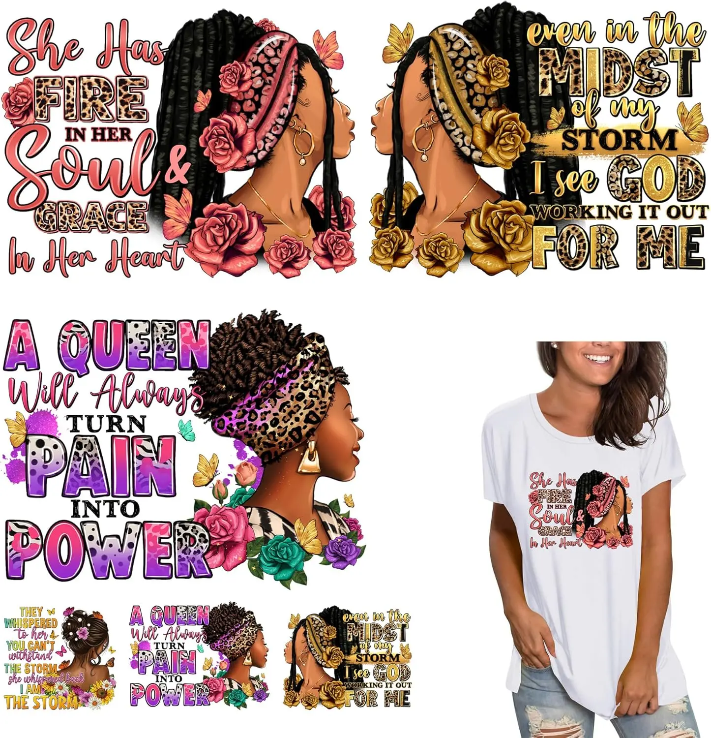 6pcs Black Woman Iron-On Decals, Bright Colors Heat Transfer Patches for Clothing T-Shirts, Afro Design Ready-to-Press Vinyl Stickers for Customized Craft, Birthday Parties, Decorate or Repair Jean Jackets