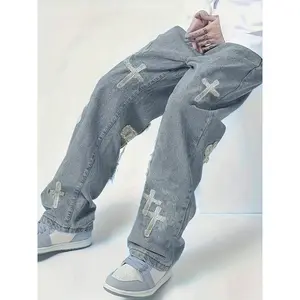 Men Men's Loose Straight-Leg Jeans with Cross Design - Distressed Denim Casual Pants, Machine Washable All-Season Comfort Fit Menswear Trouser Cotton Fashion Fabric Streetwear Polyester Blue