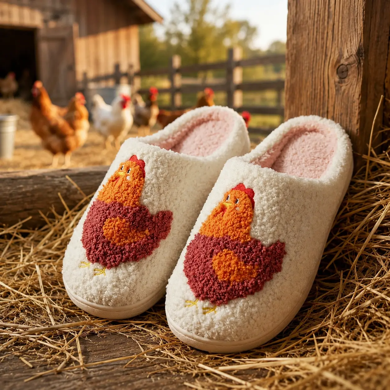 Plush Chicken House Shoes, Cute Farm Animal Slippers for Women, Soft Non Slip Indoor Slides for Lounge and Bedroom