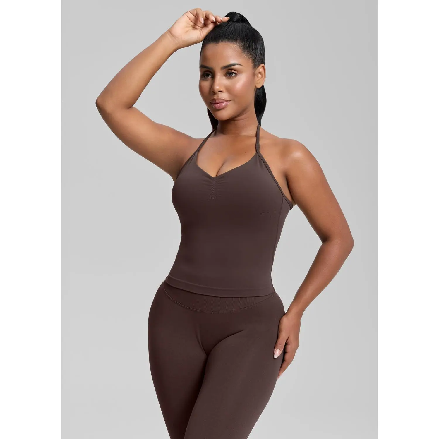 Women's Ultrasculpt Longline Halterneck Form-Fitting Twill Knit Tank Top with Built-in Bra - Gym Girl Collection, Breathable Workout Apparel, Gymswear, Athletic Sportswear Top, Sportswear Tank Top