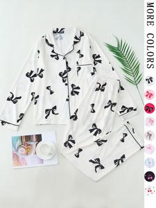 two-piece set women's all over bow print lapel neck pocket shirt & pants pyjama, casual comfy long sleeve top & trousers pj set, women's sleepwear for spring & fall, matching pajamas, womenswear, pajama sets, cute pajama sets, loungewear