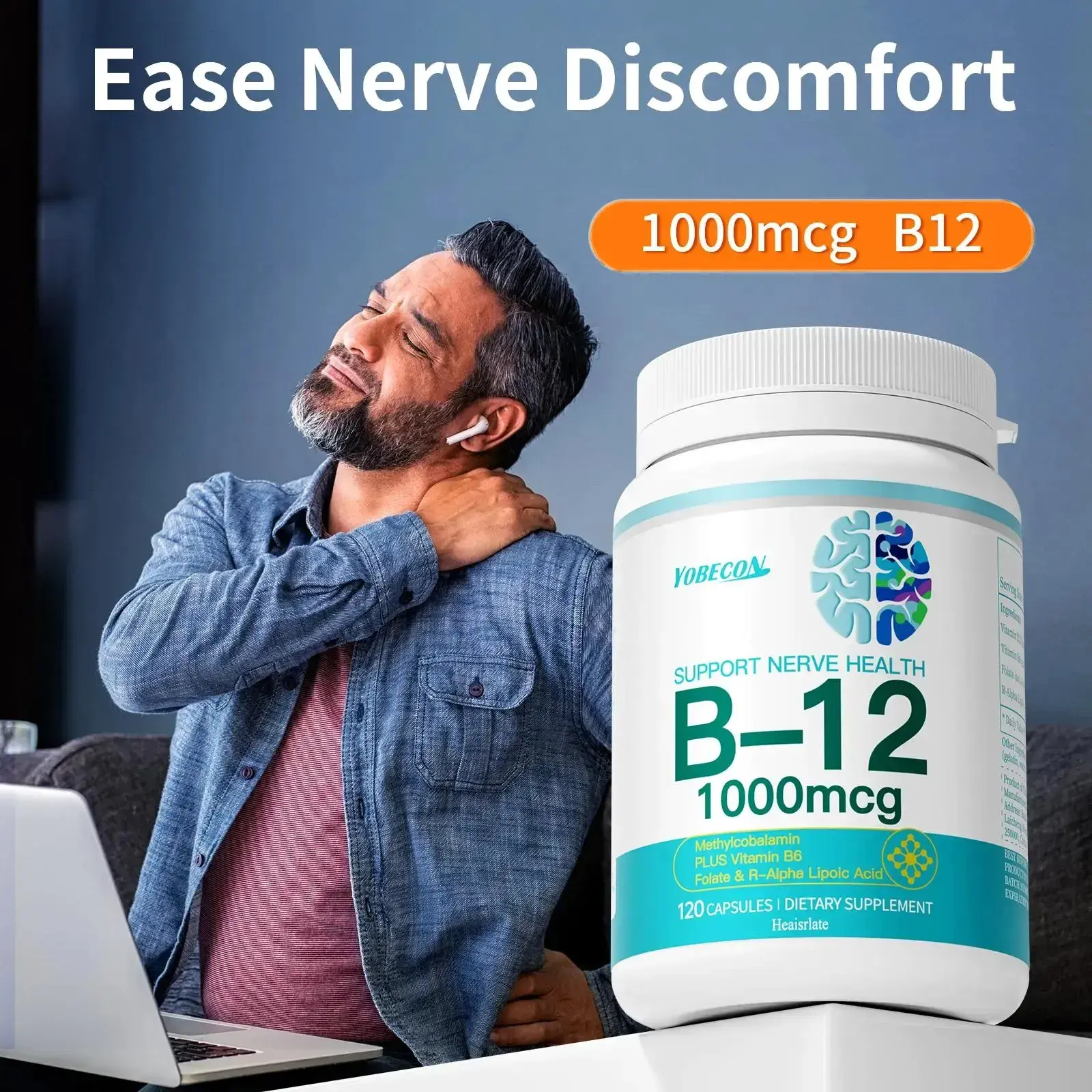 Yobecon Methylcobalamin Vitamin B12 1000mcg B Complex Dietary Supplement - Nerve Health Support with B6, Folate, R-Alpha Lipoic Acid - 120 Capsules for Adults