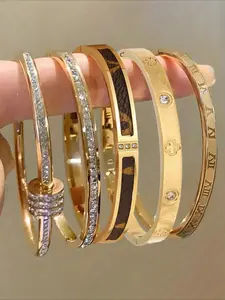 5pcs perfect and exquisite stainless steel bracelet combination, perfect jewelry decoration for holiday banquets, diverse heart-shaped designs, and exquisite jewelry decoration, Elegant Minimalist Bangle