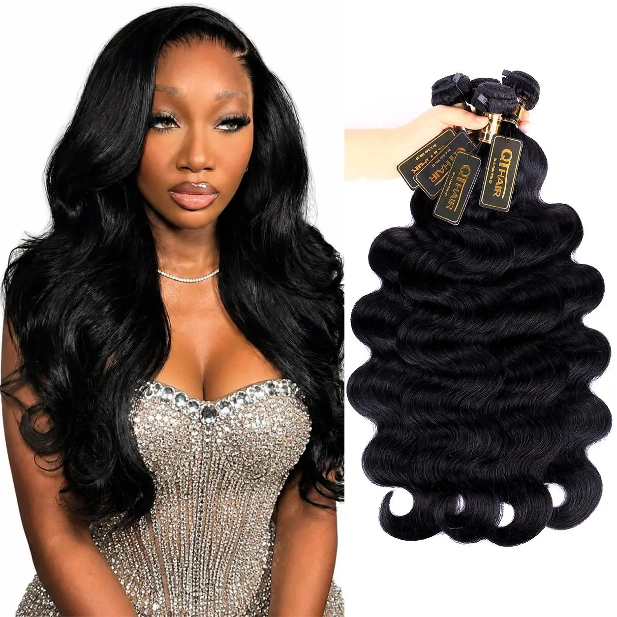 QTHAIR Brazilian Body Wave Bundles / LooseDeep Wave Bundles 100% Unprocessed Human Hair 1B Natural Black 5x5 HD Lace Closure/4×4 Transparent Lace Closure Weft Hair Extensions for Quick Weave Traditional Sew in for Black Women #TikTokShopFallDealsForYou