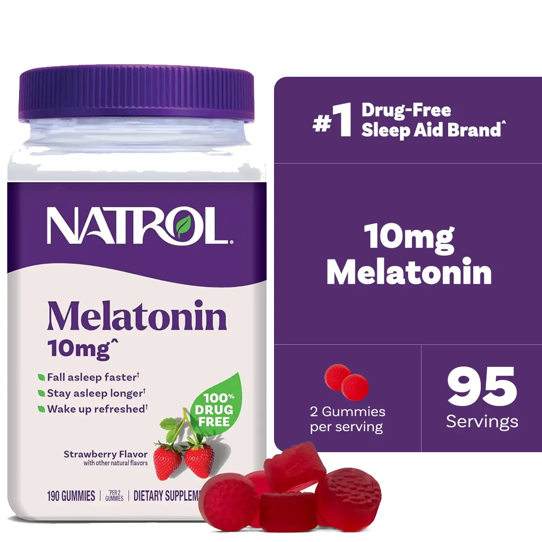 Natrol Melatonin Gummies - 10 mg Chemical-Free Natural Supplement for Adult Sleep Support, 190 Strawberry-Flavored Dietary Gummies with 2% or Less of Citric Acid