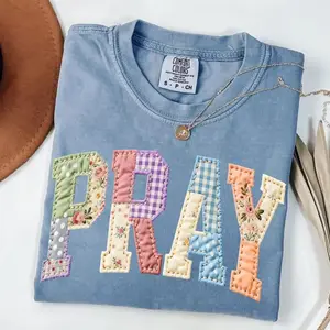 Comfort Colors Pray PRINTED T-Shirt Faux Quilted Religious Faux Easter Christian Varsity Faith Tshirt Preppy Cottagecore Jesus Gift