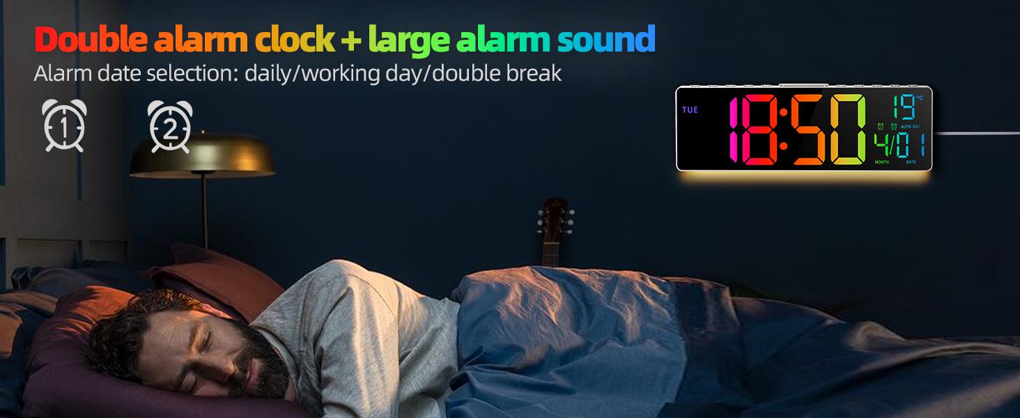 10.1" LED Digital Alarm Clock with RGB Display, Date and Temperature, Countdown Timer, Auto Dimming Wall Clock for Bedroom Living Room Office  Decor