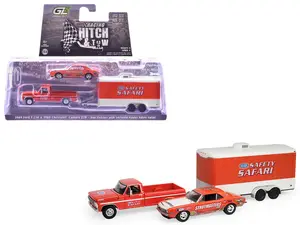 1969 Ford F-250 Truck Red and 1969 Chevrolet Camaro Z28 Orange with White Hood w/Trailer 1/64 Diecast Model Cars by Greenlight