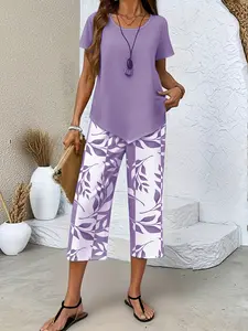 Spring And Summer Women Casual Two Piece Set Light Blue Short Sleeve Crew Neck Top Blue White Leaf Print Seven Point Wide Legs Loose Comfortable Daily Street Commuting Versatile Casual Suit
