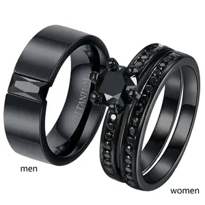 Ringcrown Couple Rings Matching Rings 1ct Black AAA CZ Women Wedding Ring Sets For Him And Her Ring Sets Men Titanium Steel Wedding Band