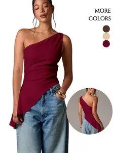 2026 New Irregular Backless Slim Fit Solid Color Top, Asymmetrical Shoulder Versatile Slimming Sleeveless T-Shirt, Fashionable Women's Clothing