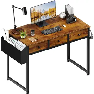 40 Inch Desk with Drawers for Bedroom - 39 Inch Home Office Desks with 3 Fabric Storage Drawer and Pocket, Study Writing Table Rustic Computer Desk,  Brown