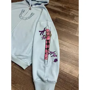 Women Shahzad Clothing Joestar Style Zip Hoodies Men JoJo Light Blue Star Tusk Print Oversized Embroidery Couple Sweatshirt Tops