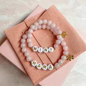 2 Pack Elegant Pink Natural Stone Bead Bracelets with MAMA & MINI Letter Charms, Golden Star Accents & Daisy Flower Accents - Perfect Mothers Day Birthday Gift for Women, Everyday Jewelry, Mother's Day Gift | Floral Accent Jewelry | Sparkling Elements