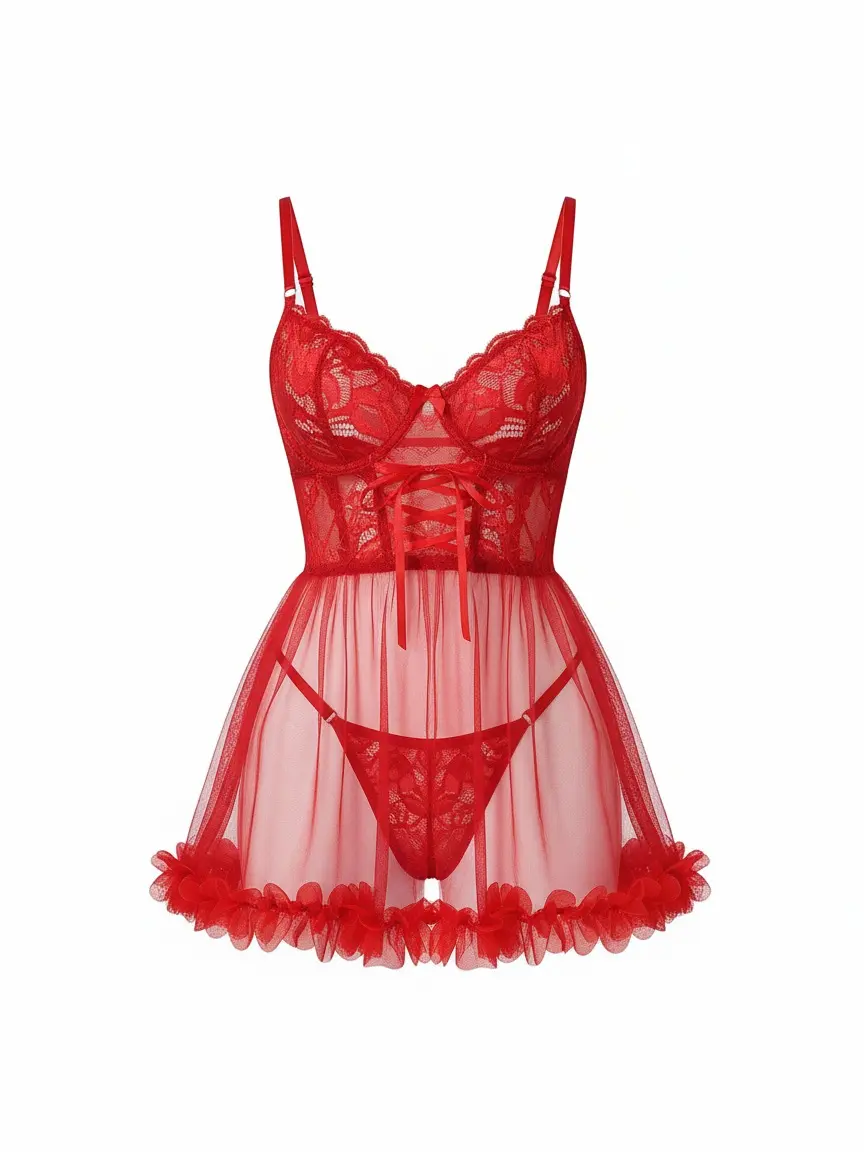 Women's 2-Piece Cute Lingerie Set, Soft Floral Lace Ruffle Babydoll Dress with Underwire, Sheer Mesh and Thong, Lady