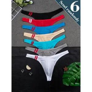 6pcs Random Men's New High-Stretch Simple Fashionable Sexy Casual Thong Underwear, Triangle Briefs, Men's Random Solid Color Striped Thong Underwear, Triangle Briefs, Men's Breathable, Comfortable, Smooth, and Body-Hugging Thong Triangle Br
