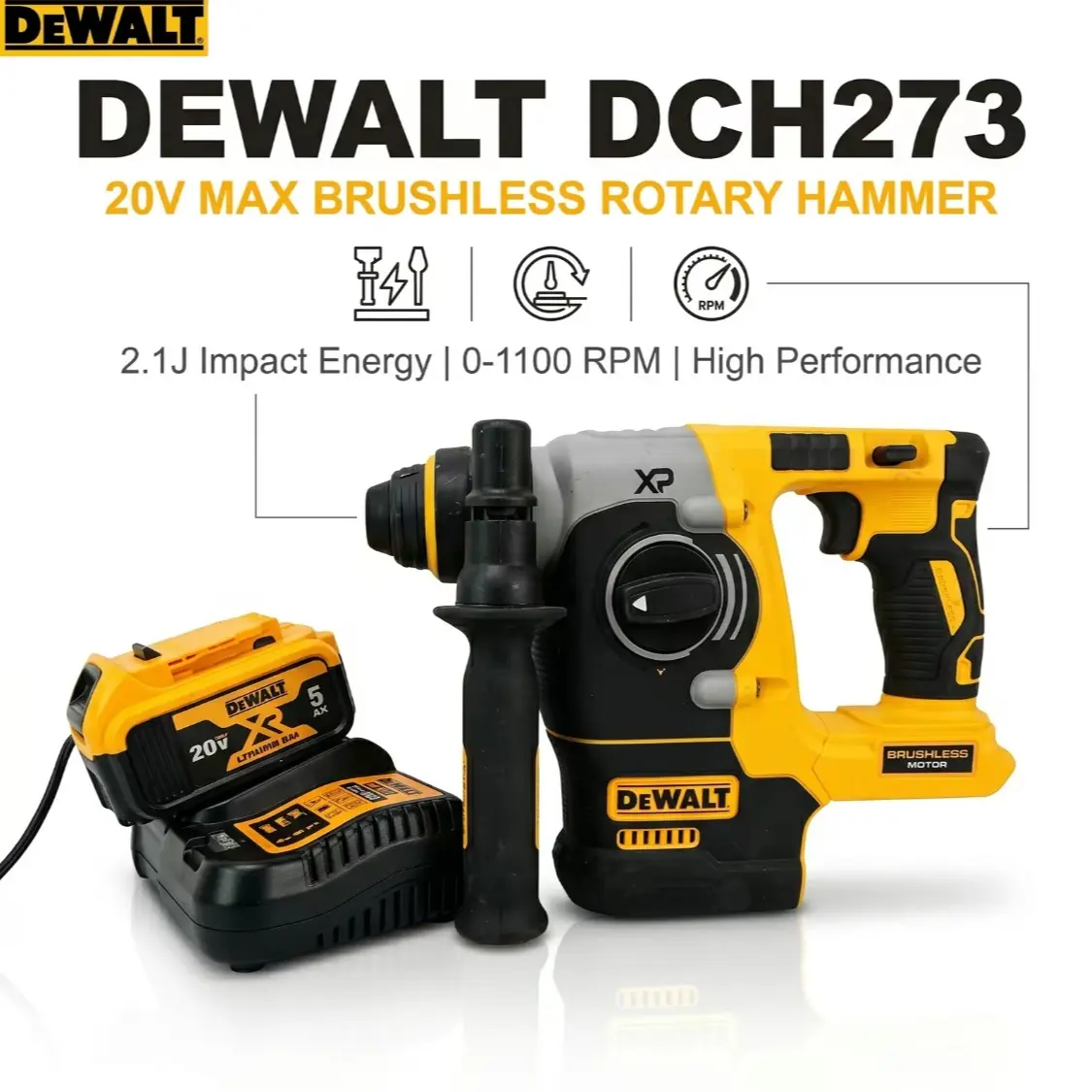 DEWALT 20V Rotary Hammer Drill, 2.1J Impact Energy, 22mm Max Drilling Capacity, 0–1150 RPM, 0–5000 BPM for Concrete, Masonry & Home Renovation