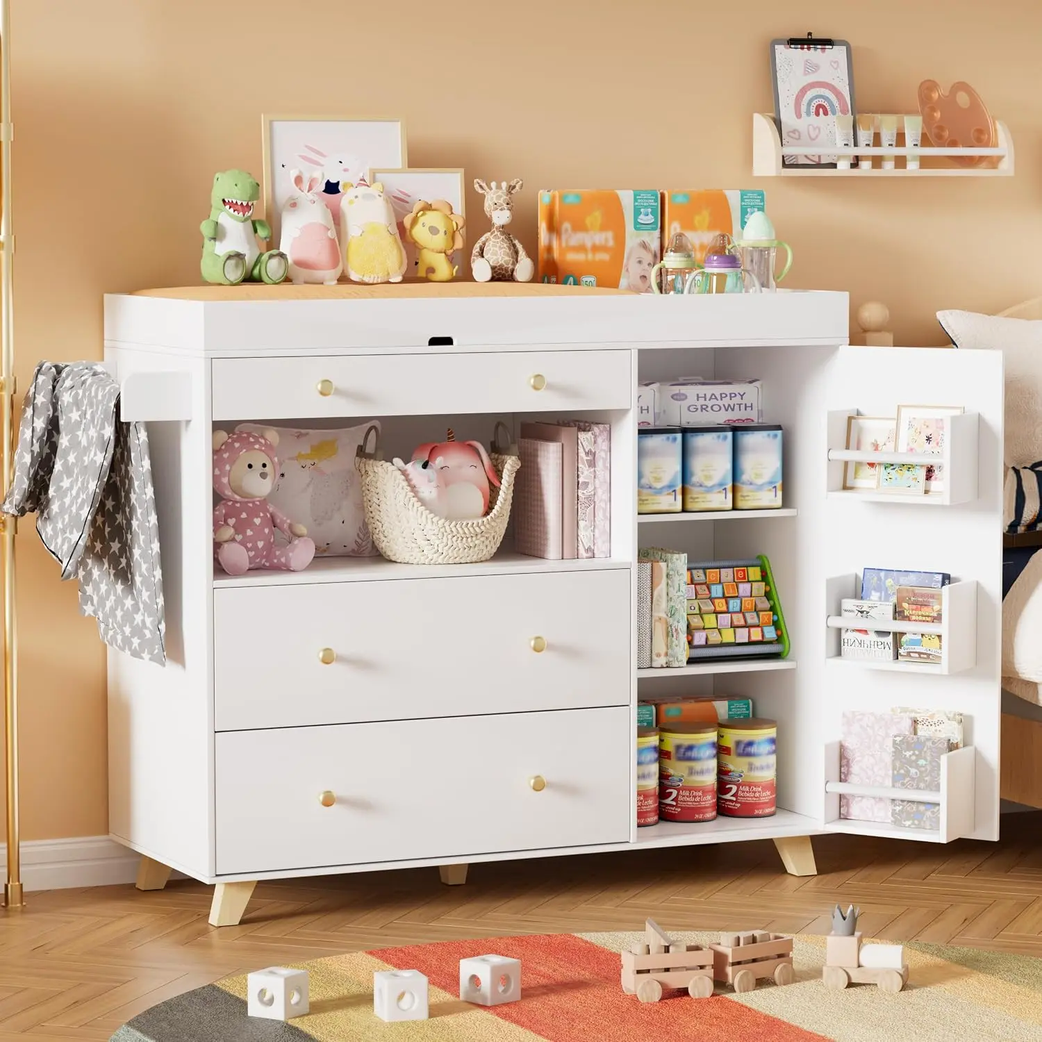 Modern White MDF Floor Cabinet Changing Table - Classic Wide Table Top, 3 Drawers, Indoor Kitchen Cupboard Furniture, Requires Setup