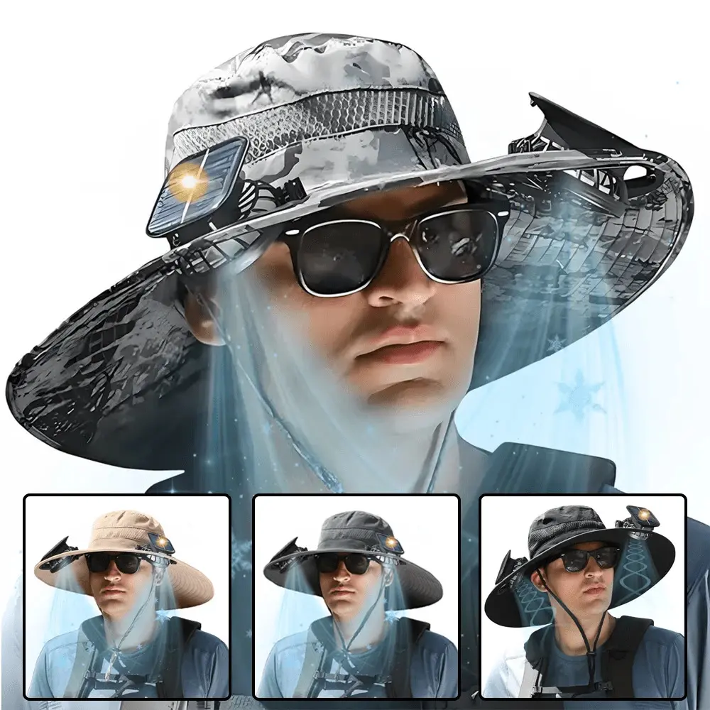 Solar Dual Fan Sun Hat, Fishing Cooling Hat, Wide Brim Fisherman Hat Suitable for Hiking and Camping, Rechargeable, Adjustable, Lightweight