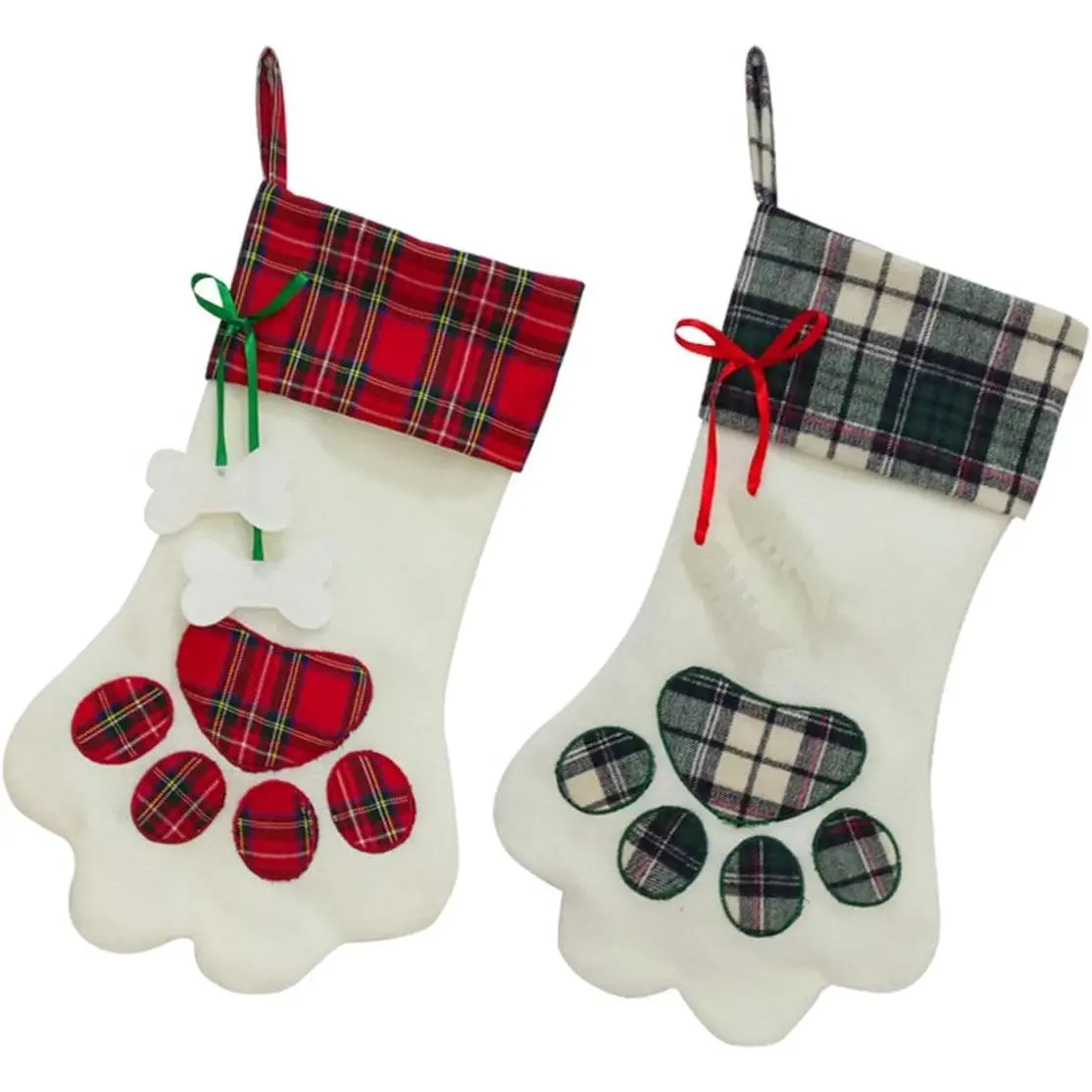2-Pack Plush Fabric Cat Paw Christmas Stockings, Green-Red Plaid Design Sports Hanging Socks, 1-Size Holiday Decoration Accessories (Sports & Outdoor), 2-Pack/Green+Red, Fuzzy Texture, Hanging Loop, Two Packs