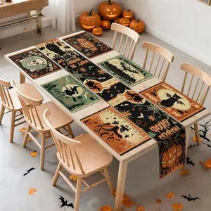 7 Pcs Halloween Table Runner and Placemats Set Gothic Bat Skull Washable Dining Table Mats for Halloween Kitchen Home Party Decor