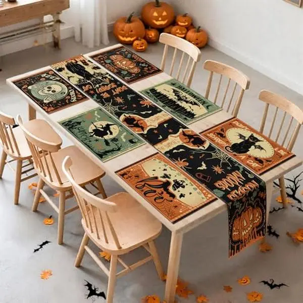 7 Pcs Halloween Table Runner and Placemats Set Gothic Bat Skull Washable Dining Table Mats for Halloween Kitchen Home Party Decor