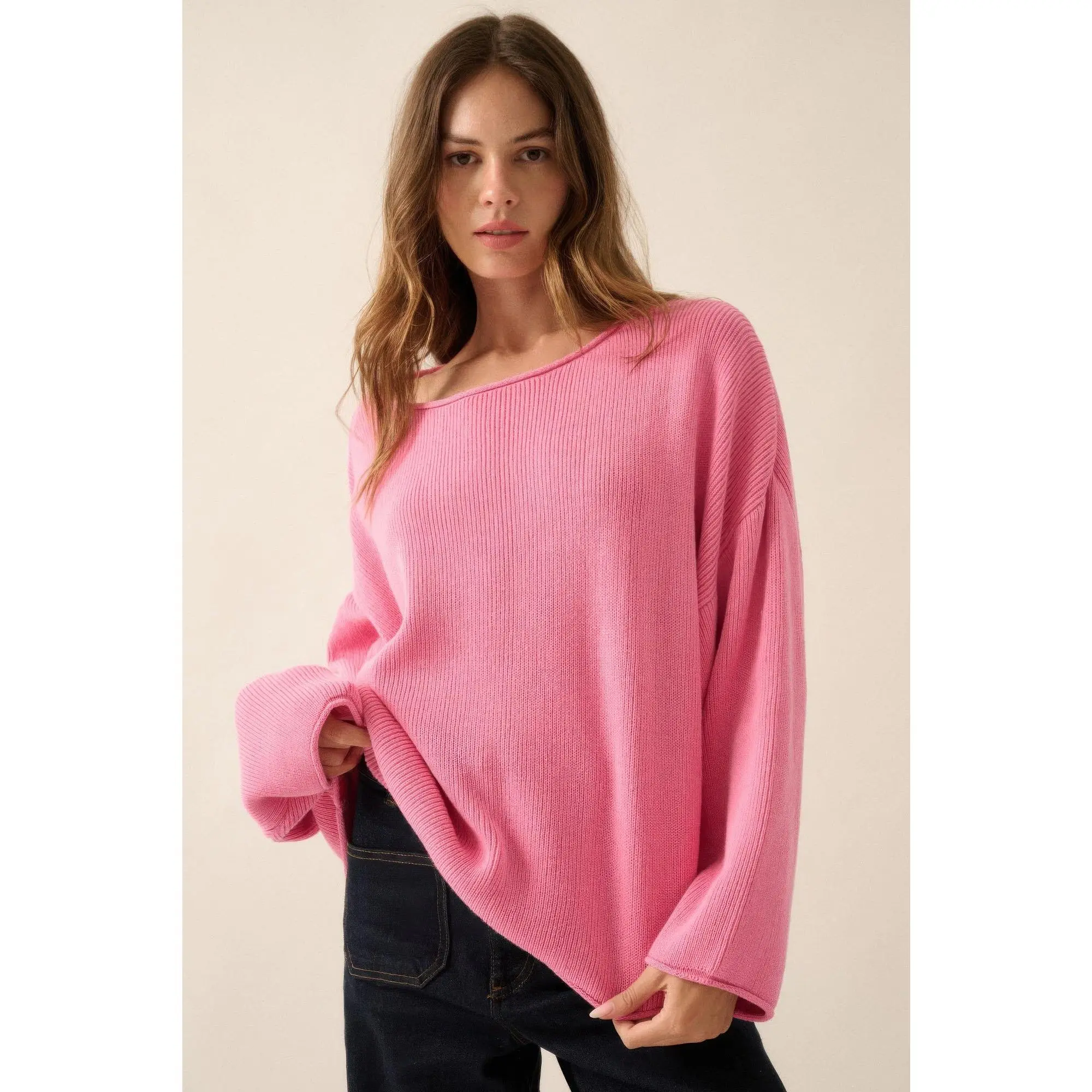 Solid Rib-knit Oversized Boatneck Sweater