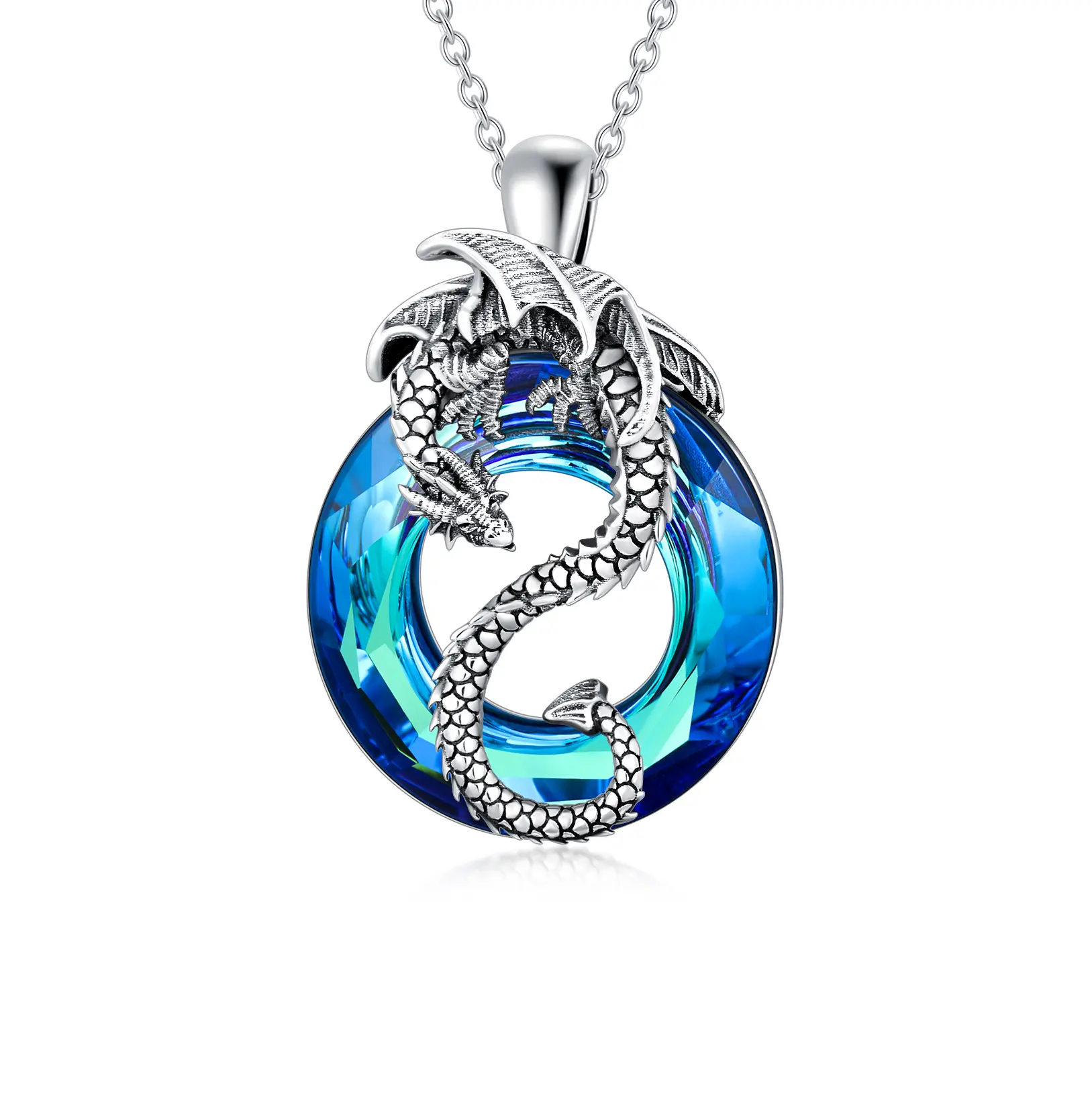 Sterling Silver Dragon Crystal Necklace Round Pendant Valentine's Day Gift Silver Jewelry Mother's Day Gift