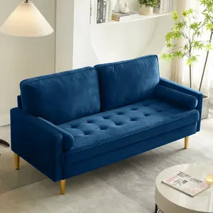 65" Velvet Tufted Cloud Sofa, Comfy Deep Seat Affordable Living Room Sofa, Soft Furnishing Small Loveseat with Gold Metal Legs and 2 Throw Pillows, Modern Indoor Apartment Furniture for Home Living Room Bedroom Use