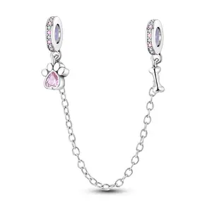 MULA 925 du silver paw print and bone safety chain bracelet | Pink zircon pet lover jewelry | safe and stylish jewelry | suitable for pandora bracelets and necklaces | perfect gift for women and girls