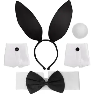 5- Bunny Costume Accessory Set -  Ears Headband, Bow Tie, Cuffs, and Tail