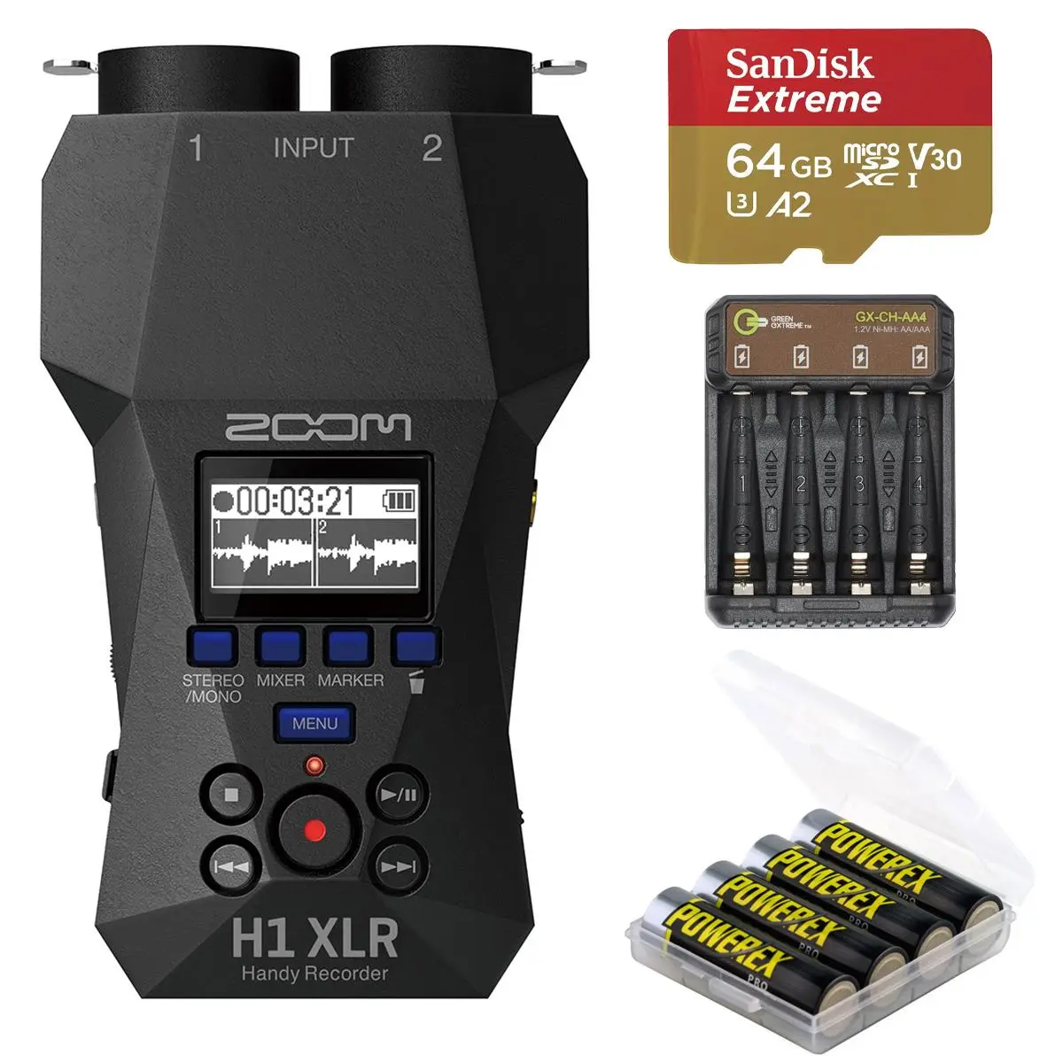 Zoom H1 XLR 32-Bit Float Handy Recorder Bundle with 64GB Memory Card, 4x AA NiMH Batteries, GX-CH-AA4 4-Bay Charger, Mixer, USB Port, Stereo Recording Capability