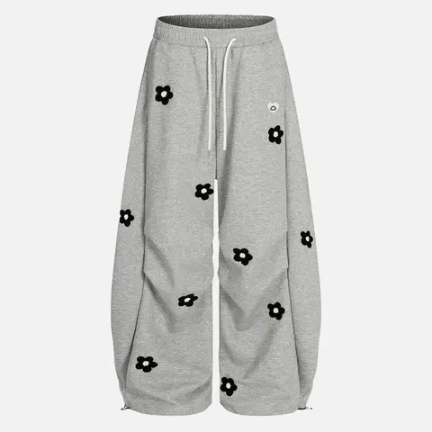 Aelfric Eden Men's Baggy Floral Towel Embroidery Streetwear Joggers - Elastic Waist Drawstring, Barrel Loose Fit, Y2K Vintage, Wide Leg, Sporty, Soft Stretchable Streetwear Cotton, Men's Baggy Sweatpants for Back to School Outfits, Wide Leg Joggers