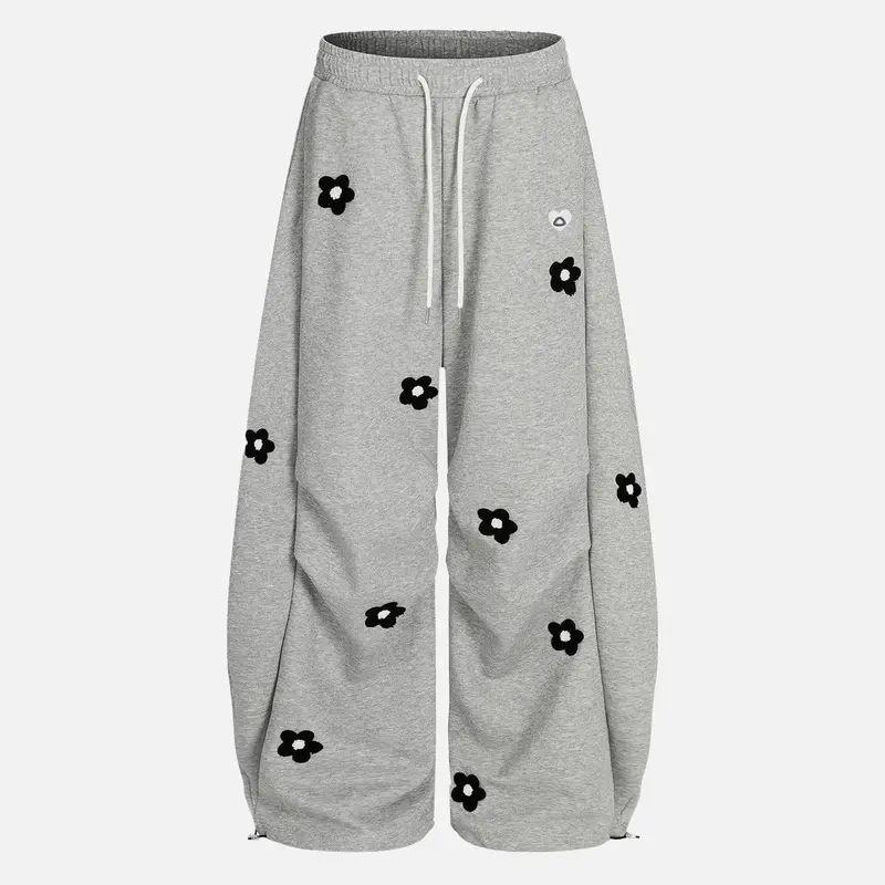 Aelfric Eden Men's Baggy Floral Towel Embroidery Streetwear Joggers - Elastic Waist Drawstring, Barrel Loose Fit, Y2K Vintage, Wide Leg, Sporty, Soft Stretchable Streetwear Cotton, Men's Baggy Sweatpants for Back to School Outfits, Wide Leg Joggers